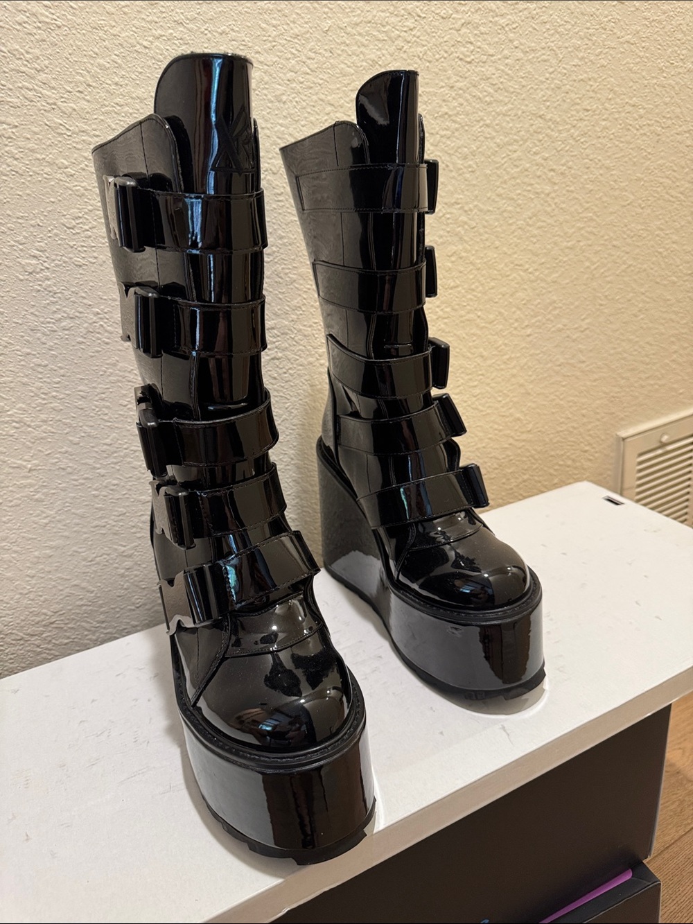 YRU Dune Black Patent Platform Boots